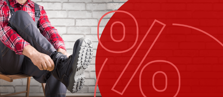 mann zieht sicherheitsstiefel an arbeitskleidung sale prozent preiskracherbild